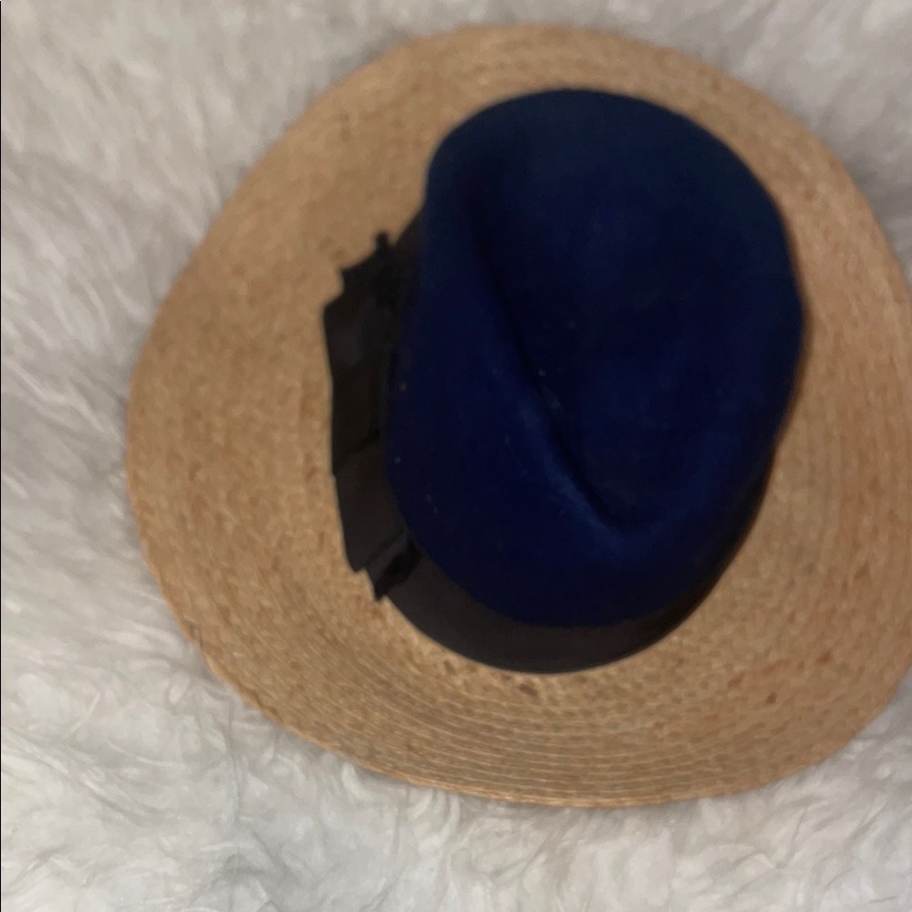 Blue and Tan Fedora Hat with Wide Brim